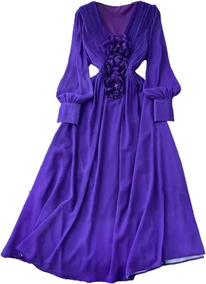 Vintage Fashion V-Neck Long Sleeve Elegant Floral Slim Dress