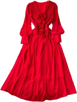 Vintage Fashion V-Neck Long Sleeve Elegant Floral Slim Dress