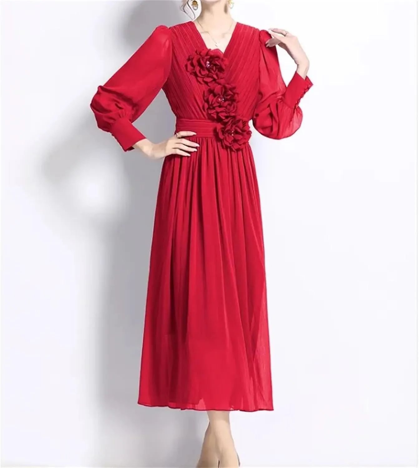 Vintage Fashion V-Neck Long Sleeve Elegant Floral Slim Dress