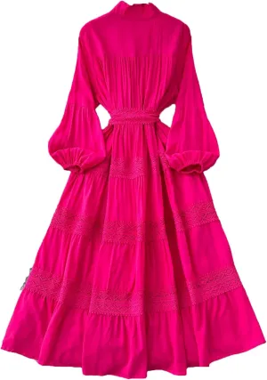 Vintage Korean Women Stand Neck Lantern Sleeve Elegant Spliced Single Breasted Lace Slim Dress