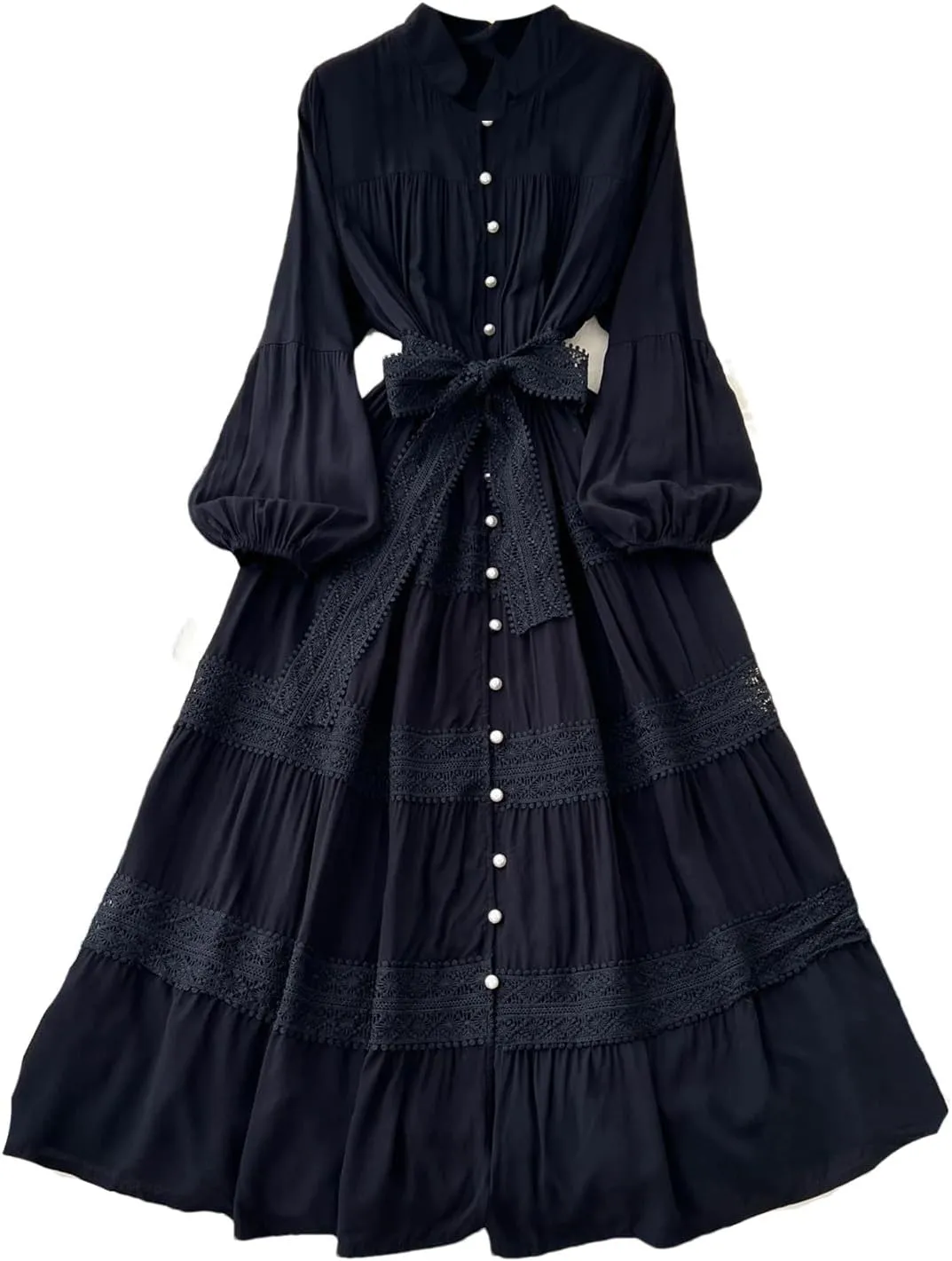 Vintage Korean Women Stand Neck Lantern Sleeve Elegant Spliced Single Breasted Lace Slim Dress