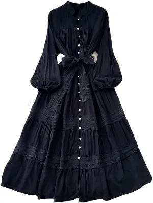 Vintage Korean Women Stand Neck Lantern Sleeve Elegant Spliced Single Breasted Lace Slim Dress