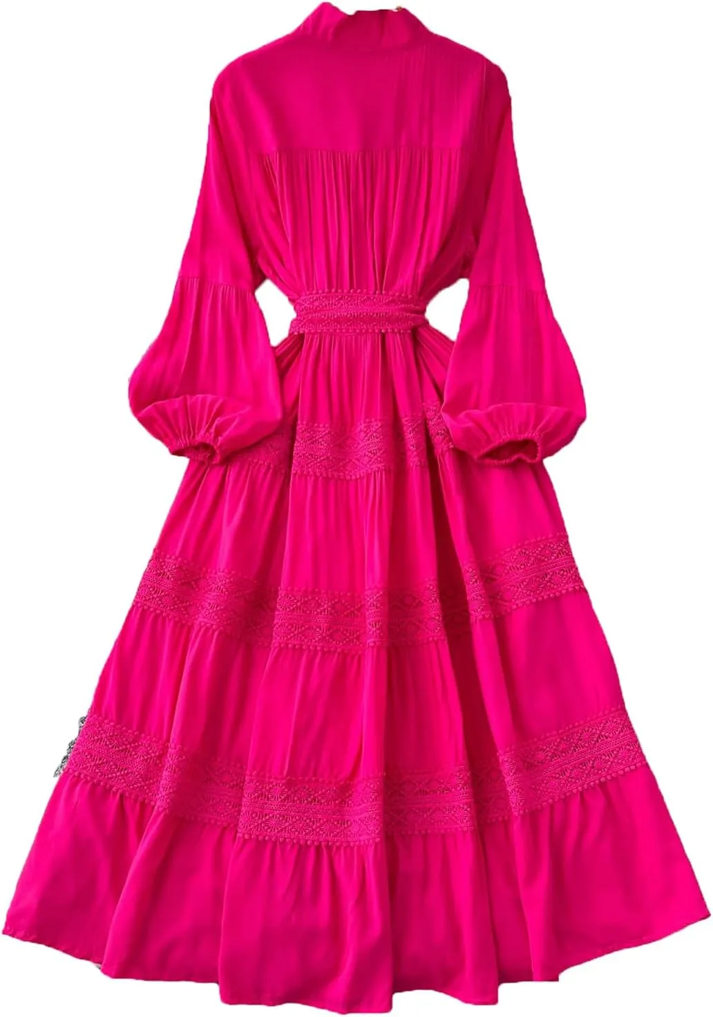 Vintage Korean Women Stand Neck Lantern Sleeve Elegant Spliced Single Breasted Lace Slim Dress