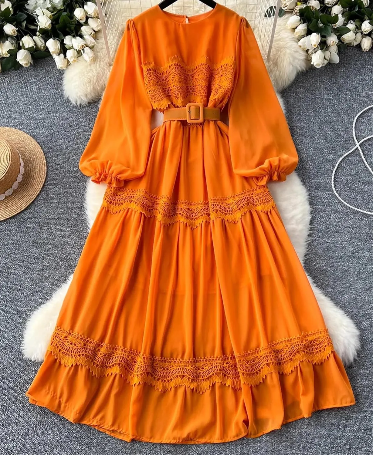 Vintage Lace Patchwork Long Dress Elegant Round Neck Puff Sleeve Big Swing Maxi Robe Female Party Dress