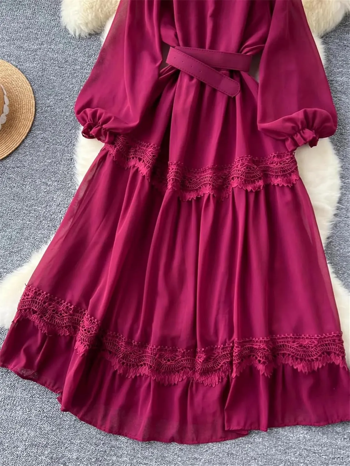 Vintage Lace Patchwork Long Dress Elegant Round Neck Puff Sleeve Big Swing Maxi Robe Female Party Dress