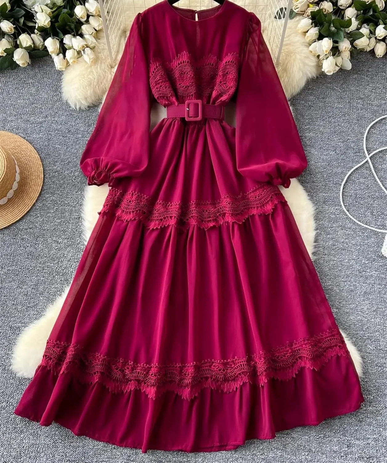 Vintage Lace Patchwork Long Dress Elegant Round Neck Puff Sleeve Big Swing Maxi Robe Female Party Dress
