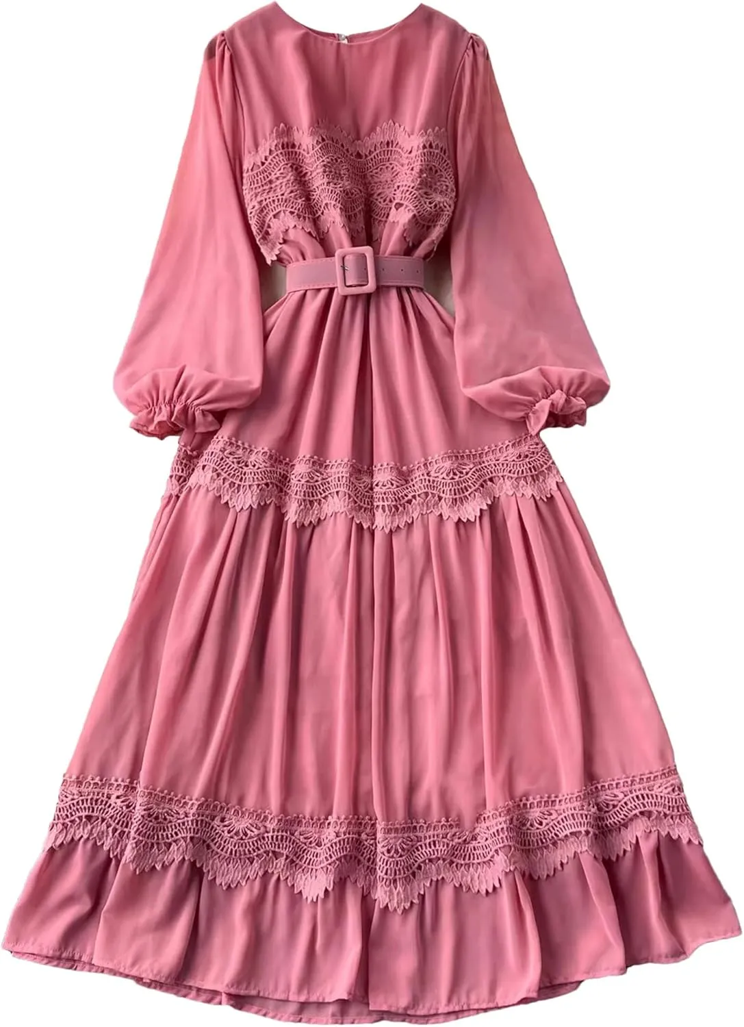 Vintage Lace Patchwork Long Dress Elegant Round Neck Puff Sleeve Big Swing Maxi Robe Female Party Dress