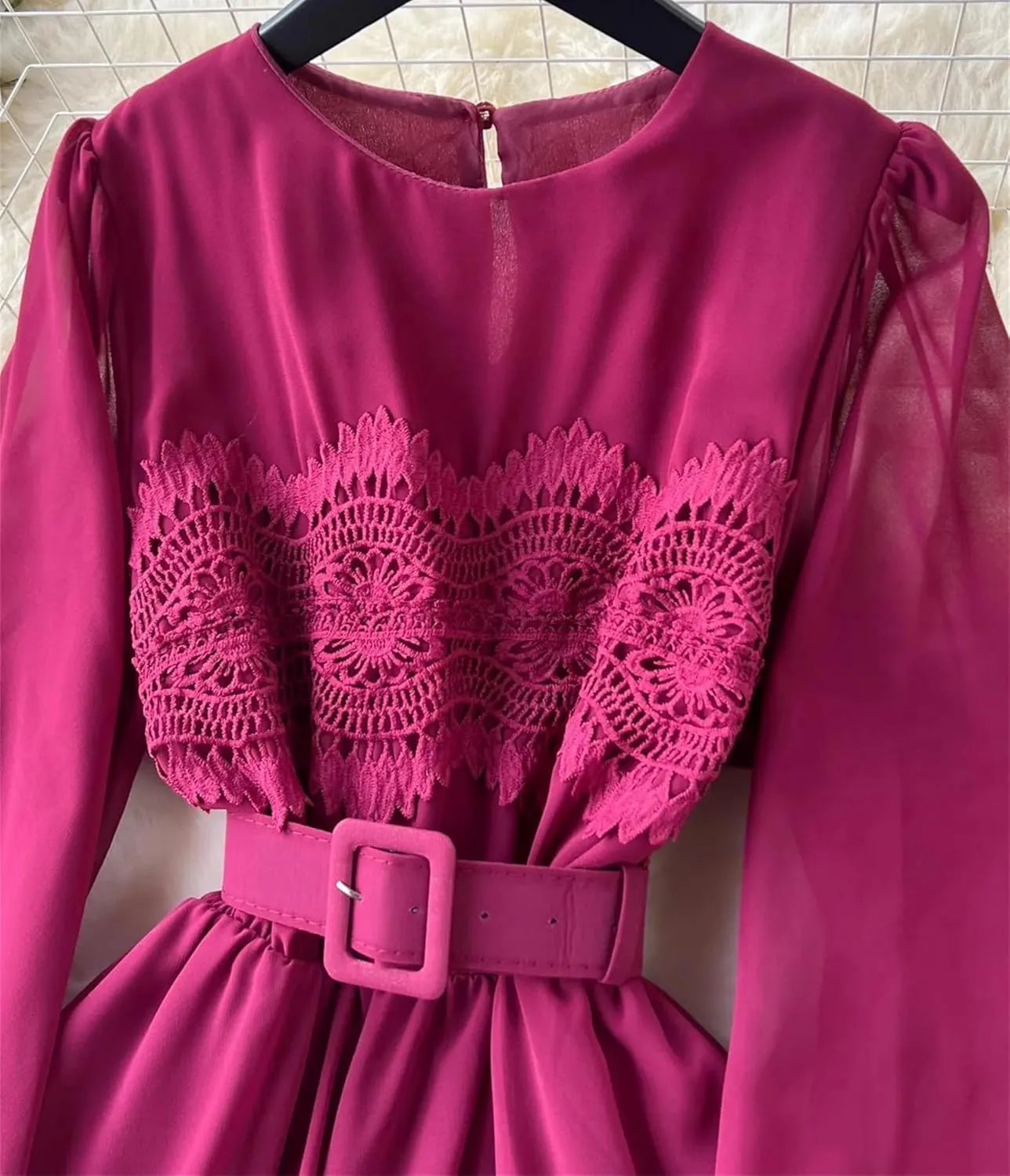 Vintage Lace Patchwork Long Dress Elegant Round Neck Puff Sleeve Big Swing Maxi Robe Female Party Dress