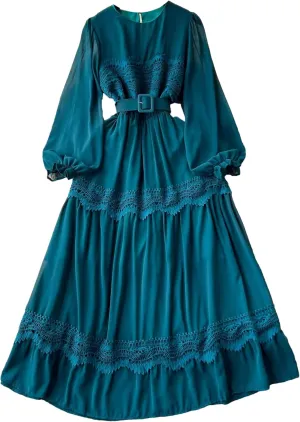 Vintage Lace Patchwork Long Dress Elegant Round Neck Puff Sleeve Big Swing Maxi Robe Female Party Dress
