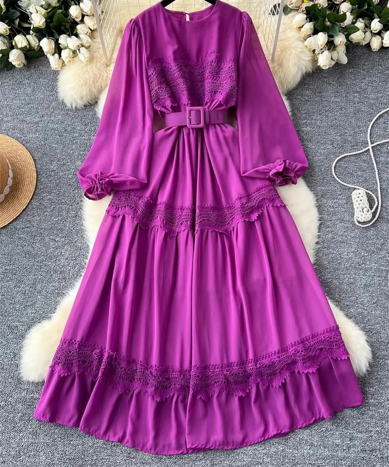 Vintage Lace Patchwork Long Dress Elegant Round Neck Puff Sleeve Big Swing Maxi Robe Female Party Dress