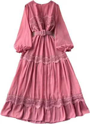 Vintage Lace Patchwork Long Dress Elegant Round Neck Puff Sleeve Big Swing Maxi Robe Female Party Dress
