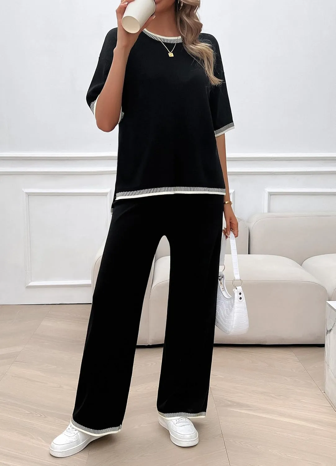 VintageClothing Womens Knit Lounge Set 2 Piece Outfits Sweater Sets Short Sleeve Pullover Tops Wide Leg Pants Tracksuits