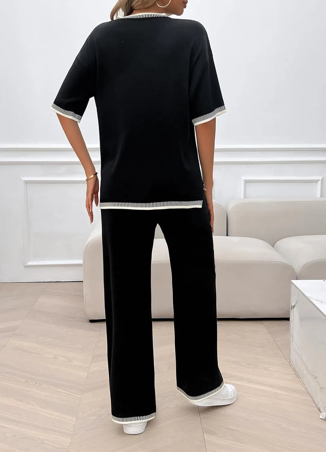 VintageClothing Womens Knit Lounge Set 2 Piece Outfits Sweater Sets Short Sleeve Pullover Tops Wide Leg Pants Tracksuits