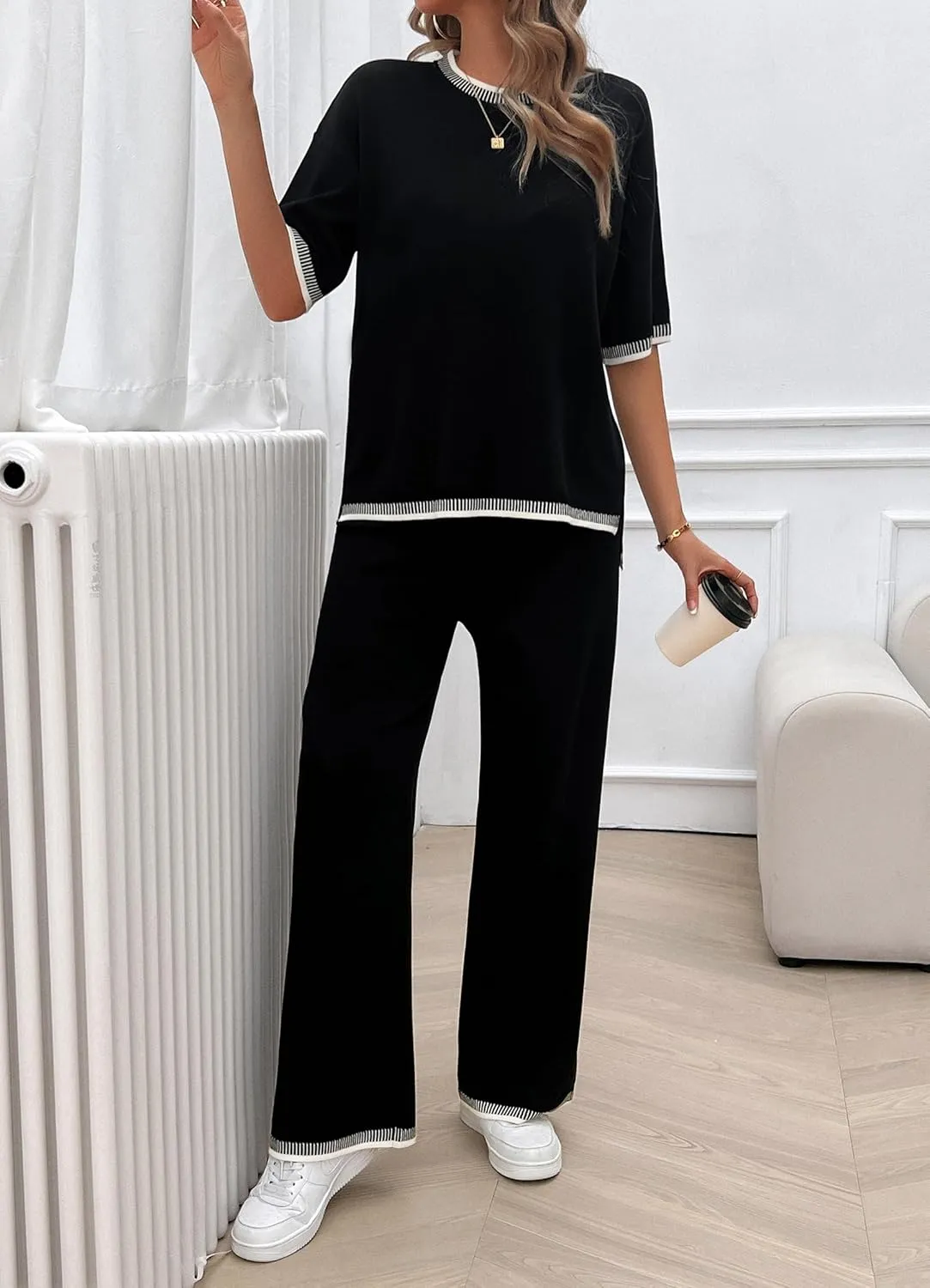 VintageClothing Womens Knit Lounge Set 2 Piece Outfits Sweater Sets Short Sleeve Pullover Tops Wide Leg Pants Tracksuits