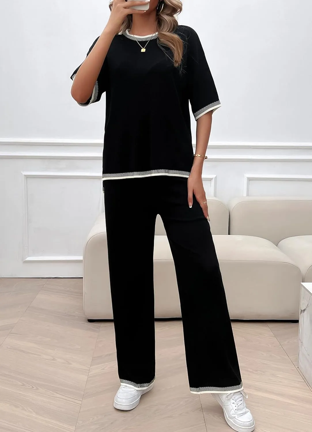 VintageClothing Womens Knit Lounge Set 2 Piece Outfits Sweater Sets Short Sleeve Pullover Tops Wide Leg Pants Tracksuits