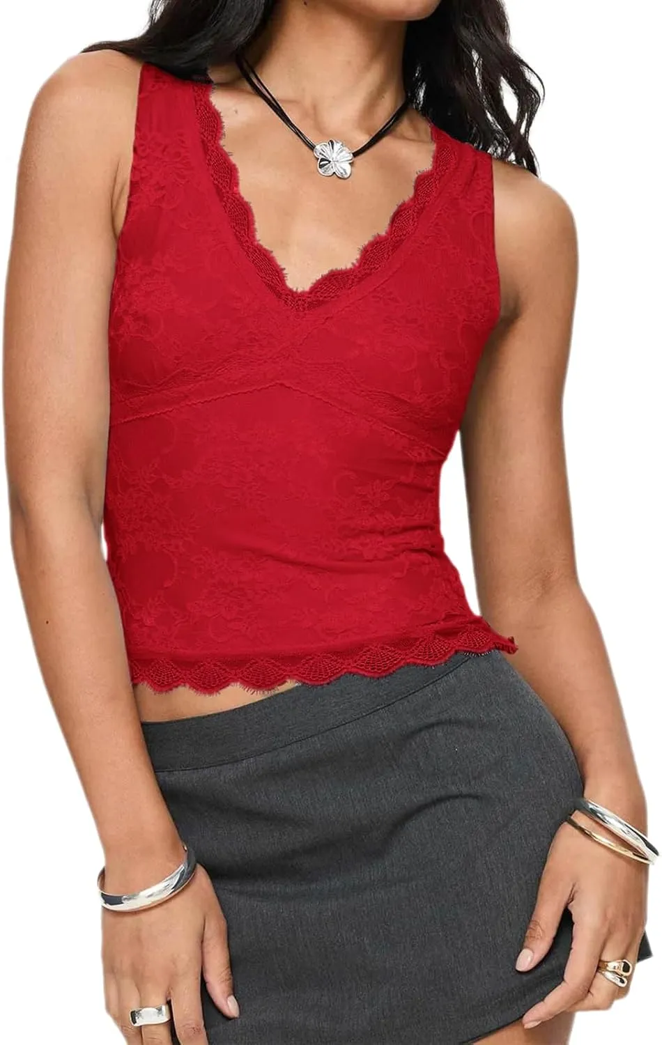 VNIRA Womens Lace Tank Top Scallop Sexy V-Neck Sleeveless Going Out Y2K Crop Tops 2025 Trendy Outfits
