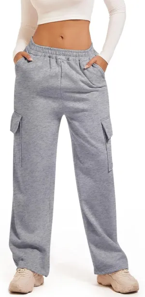 Wide Leg Cargo Sweatpants for Women High Waisted Baggy Fleece Joggers Casual Athletic Sweats Pants with Pockets