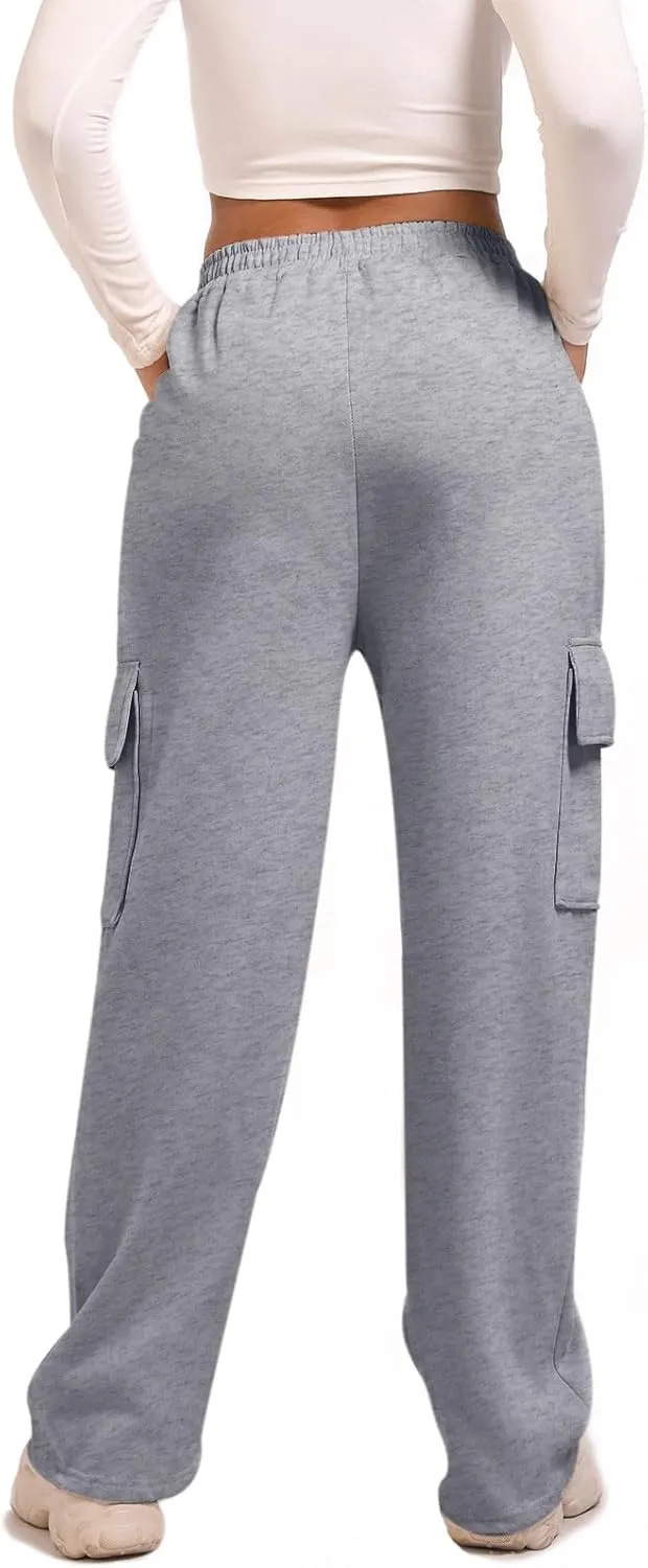 Wide Leg Cargo Sweatpants for Women High Waisted Baggy Fleece Joggers Casual Athletic Sweats Pants with Pockets