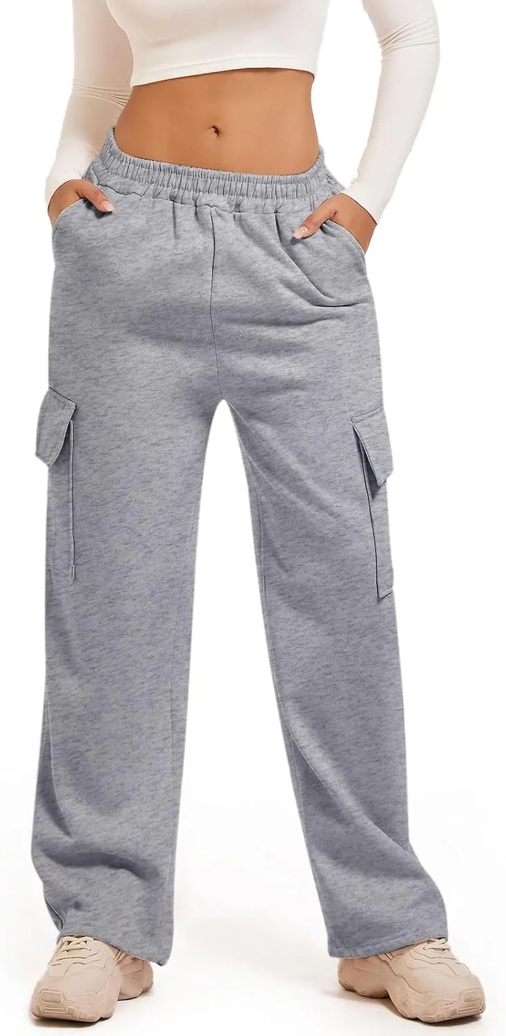 Wide Leg Cargo Sweatpants for Women High Waisted Baggy Fleece Joggers Casual Athletic Sweats Pants with Pockets