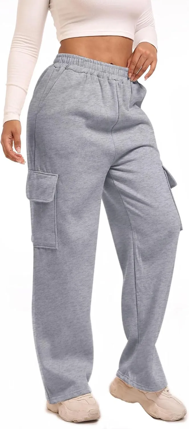 Wide Leg Cargo Sweatpants for Women High Waisted Baggy Fleece Joggers Casual Athletic Sweats Pants with Pockets