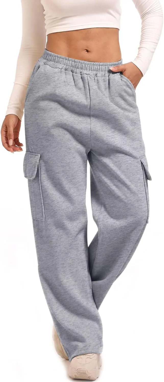 Wide Leg Cargo Sweatpants for Women High Waisted Baggy Fleece Joggers Casual Athletic Sweats Pants with Pockets
