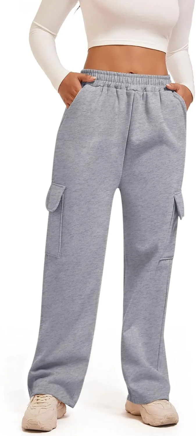 Wide Leg Cargo Sweatpants for Women High Waisted Baggy Fleece Joggers Casual Athletic Sweats Pants with Pockets