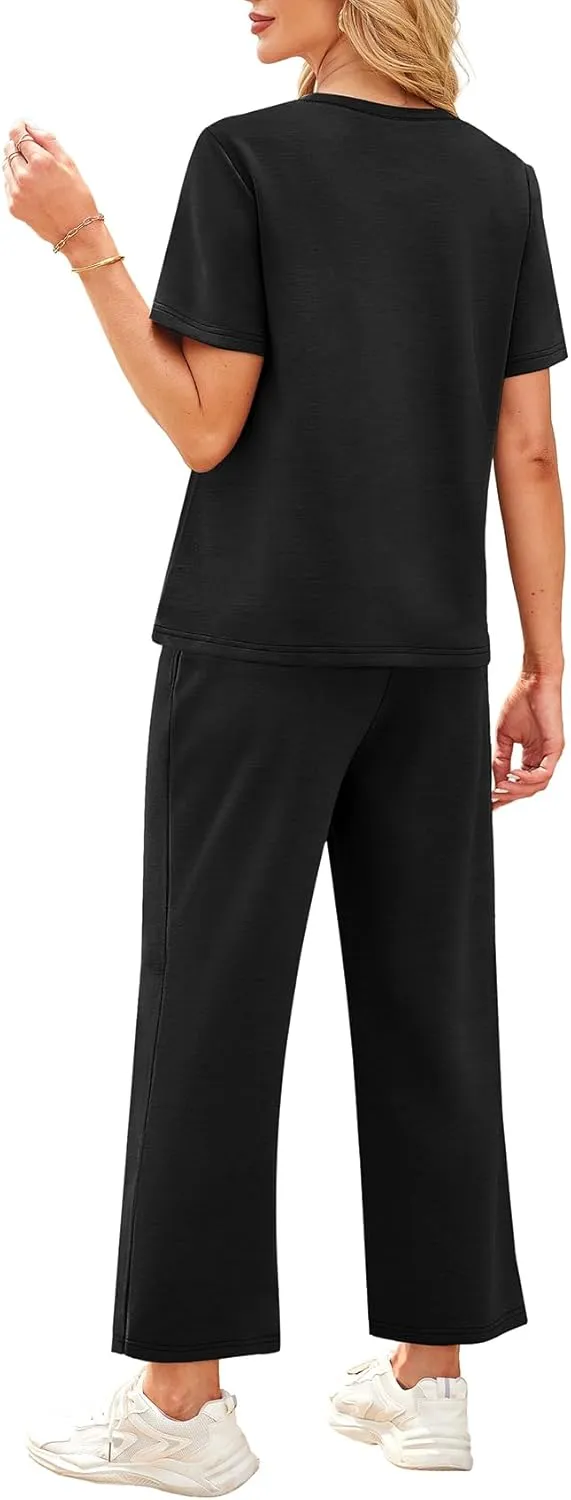 WIHOLL 2 Piece Sets for Women Casual Summer Travel Vacation Outfits Short Sleeve Wide Leg Crop Pants Lounge Sets