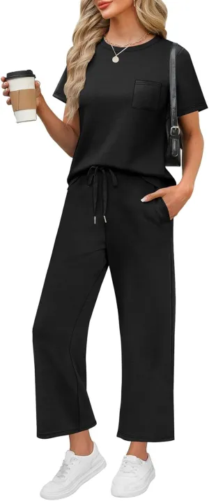 WIHOLL 2 Piece Sets for Women Casual Summer Travel Vacation Outfits Short Sleeve Wide Leg Crop Pants Lounge Sets