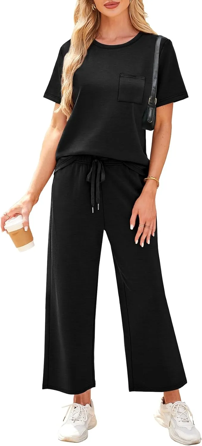 WIHOLL 2 Piece Sets for Women Casual Summer Travel Vacation Outfits Short Sleeve Wide Leg Crop Pants Lounge Sets