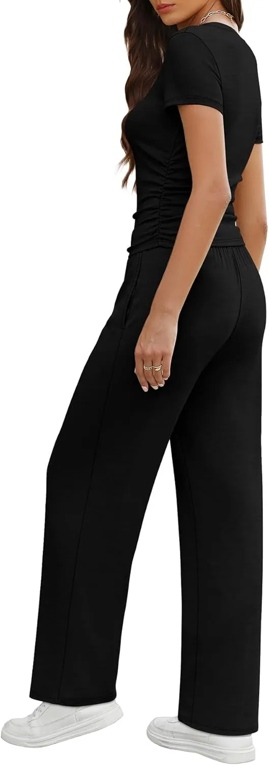 WIHOLL 2 Piece Sets for Women Summer Travel Vacation Outfits Workout Ruched Tops Wide Leg Pants Lounge Sets