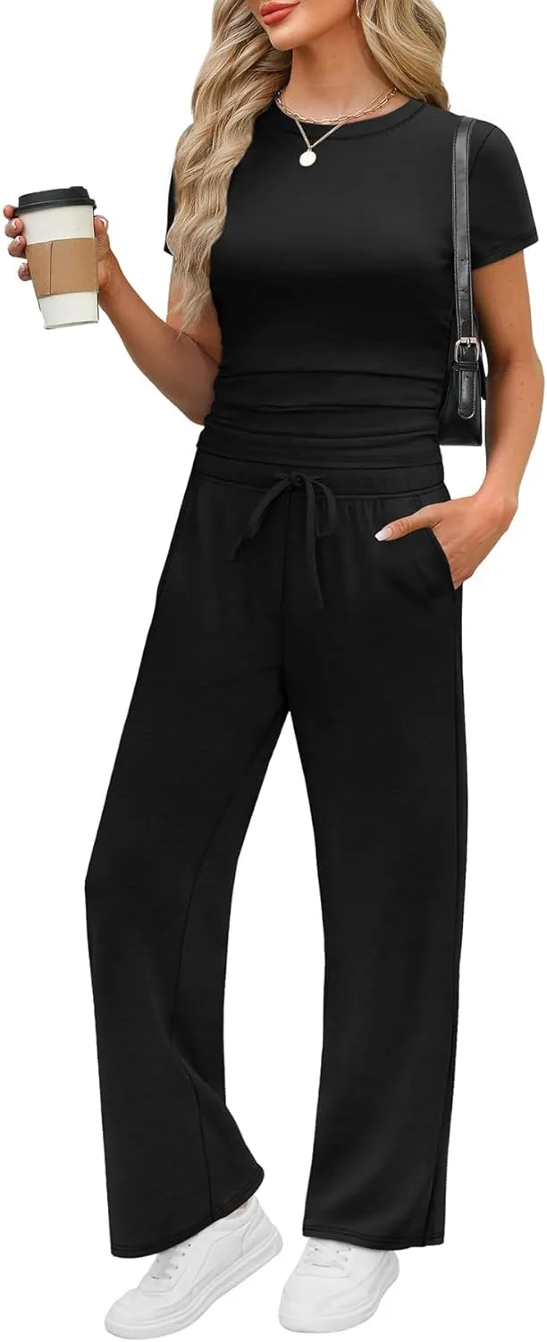 WIHOLL 2 Piece Sets for Women Summer Travel Vacation Outfits Workout Ruched Tops Wide Leg Pants Lounge Sets