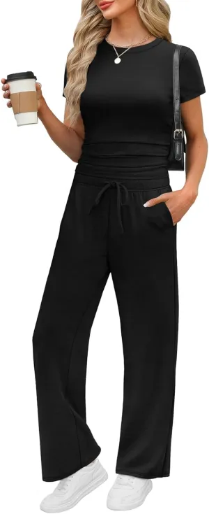 WIHOLL 2 Piece Sets for Women Summer Travel Vacation Outfits Workout Ruched Tops Wide Leg Pants Lounge Sets