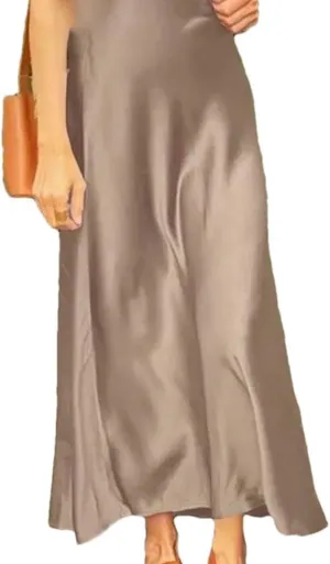 Woman Spring Satin Silk Skirt Work OL Back Zipper Casual Party Solid Sundress