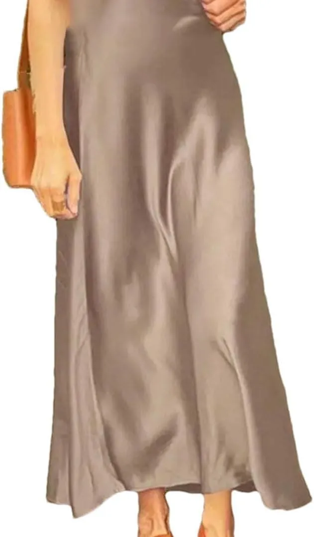 Woman Spring Satin Silk Skirt Work OL Back Zipper Casual Party Solid Sundress
