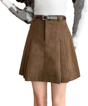 Women A-Line High Waist Mini Pleated Skirt Casual Corduroy Skirts