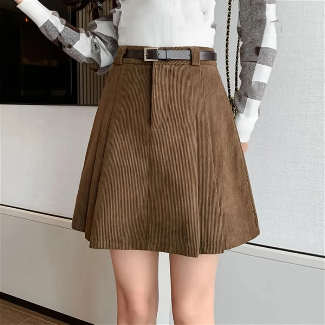 Women A-Line High Waist Mini Pleated Skirt Casual Corduroy Skirts