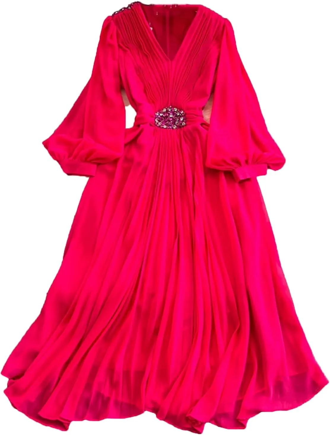 Women Beach Vacation Elegant Puff Sleeve Robe Draped Chiffon Pleated Party Long Dress
