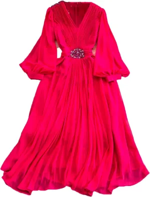 Women Beach Vacation Elegant Puff Sleeve Robe Draped Chiffon Pleated Party Long Dress