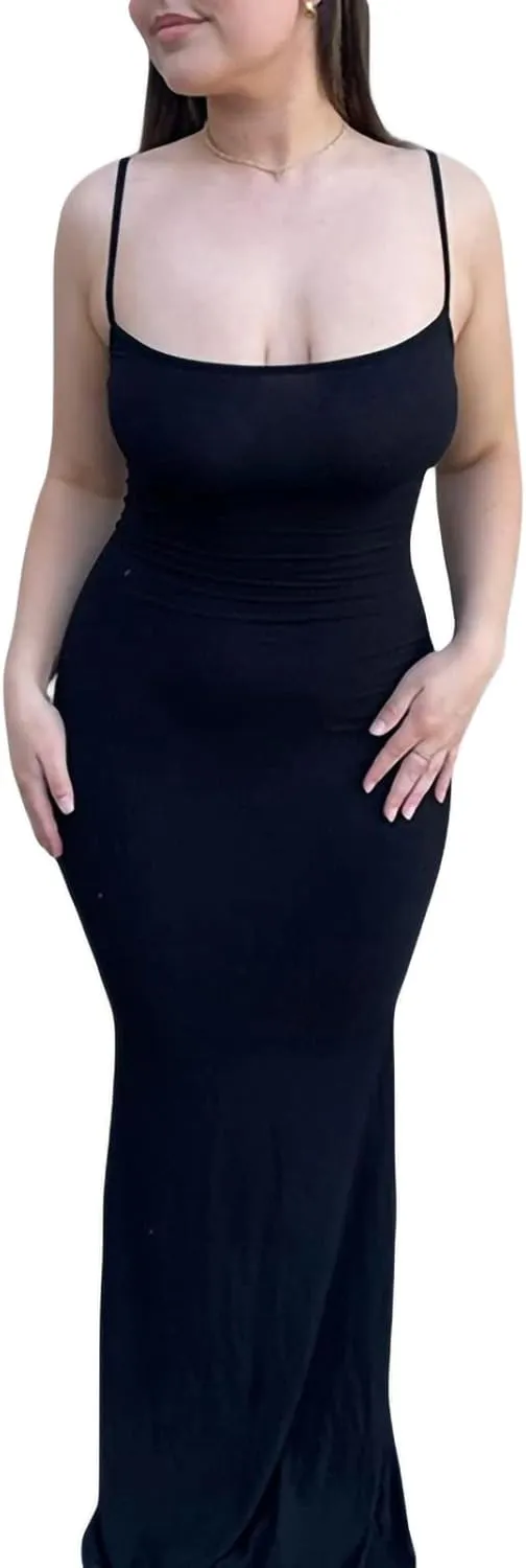 Women Bodycon Maxi Dress Sexy Spaghetti Strap Low Cut Long Tight Dress Slim Fit Party Club Night Cami Long Dresses