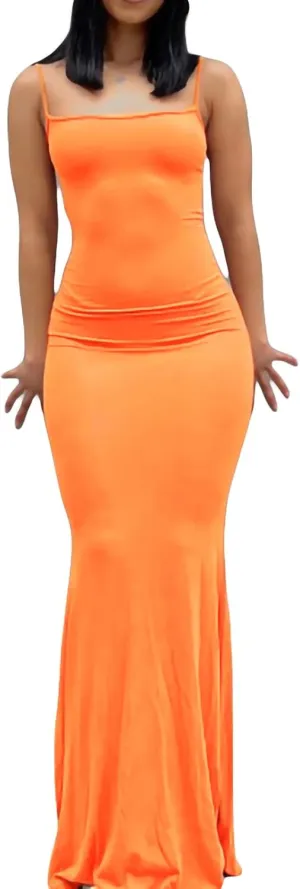 Women Bodycon Maxi Dress Sexy Spaghetti Strap Low Cut Long Tight Dress Slim Fit Party Club Night Cami Long Dresses