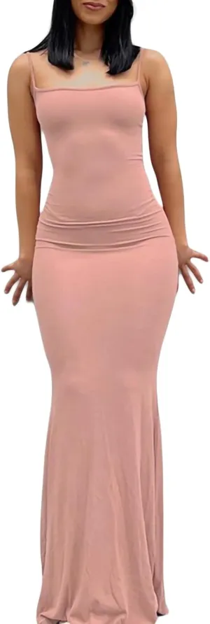 Women Bodycon Maxi Dress Sexy Spaghetti Strap Low Cut Long Tight Dress Slim Fit Party Club Night Cami Long Dresses