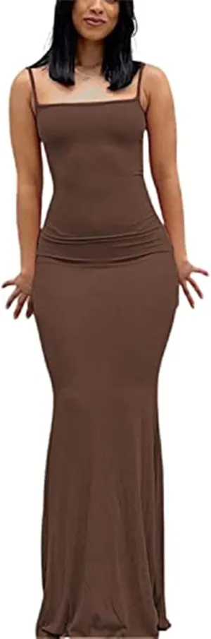 Women Bodycon Maxi Dress Sexy Spaghetti Strap Low Cut Long Tight Dress Slim Fit Party Club Night Cami Long Dresses