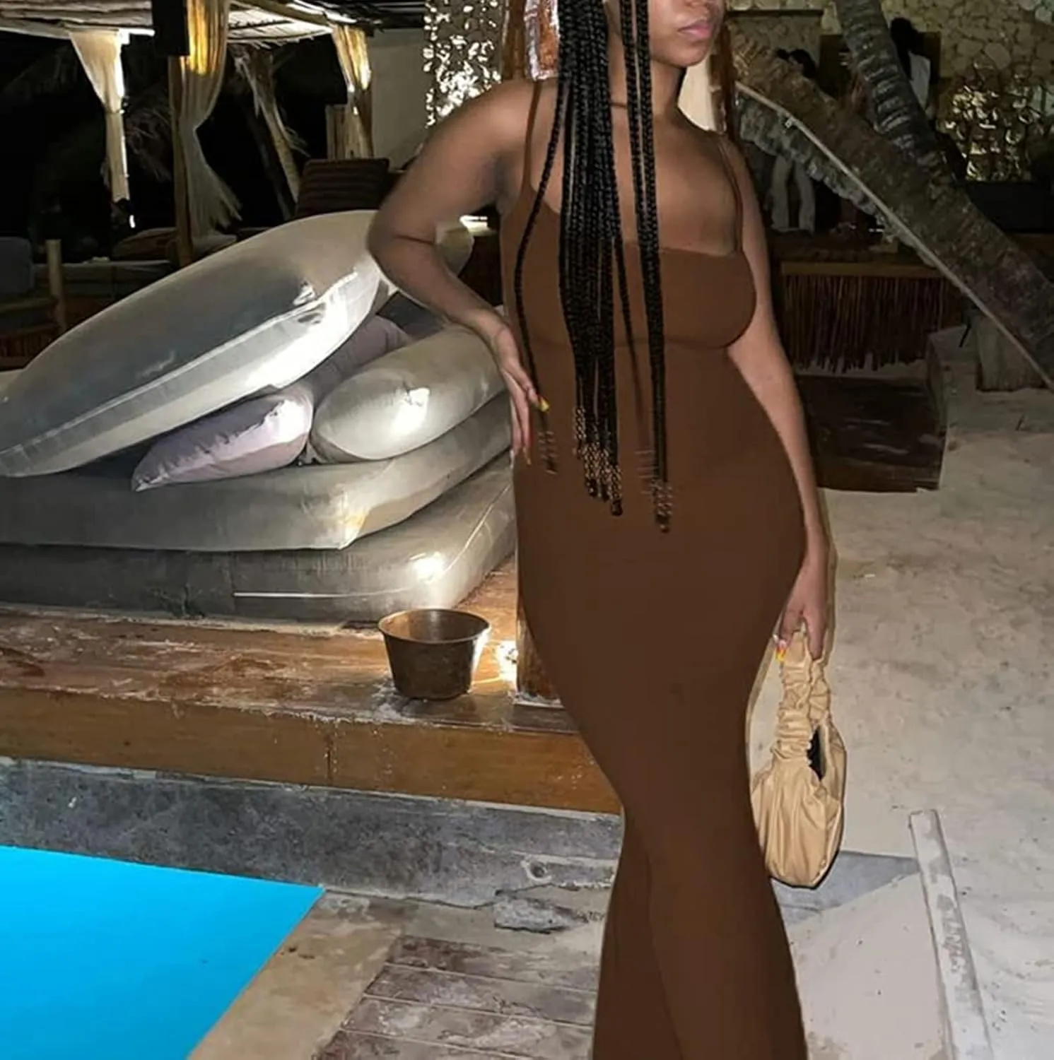Women Bodycon Maxi Dress Sexy Spaghetti Strap Low Cut Long Tight Dress Slim Fit Party Club Night Cami Long Dresses