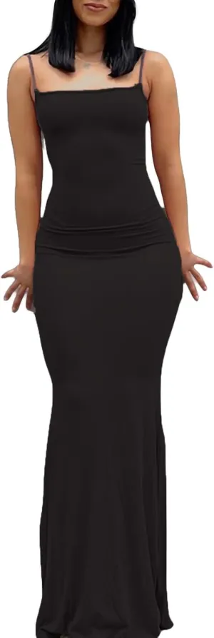Women Bodycon Maxi Dress Sexy Spaghetti Strap Low Cut Long Tight Dress Slim Fit Party Club Night Cami Long Dresses