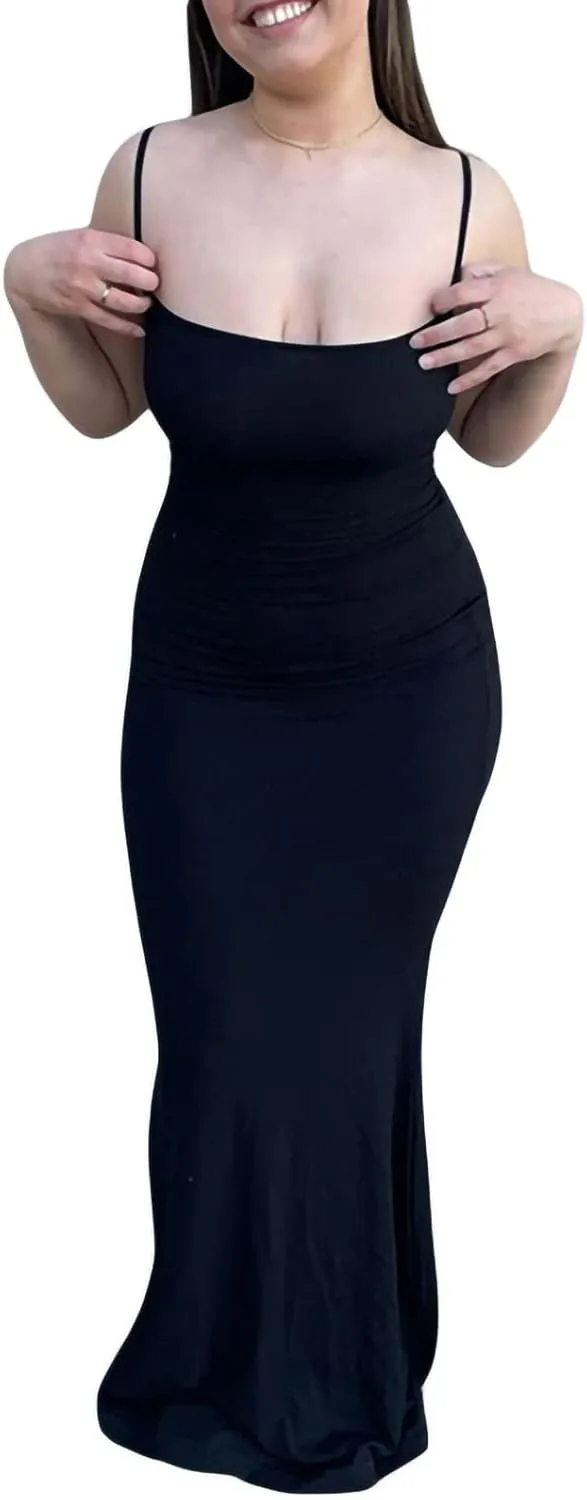 Women Bodycon Maxi Dress Sexy Spaghetti Strap Low Cut Long Tight Dress Slim Fit Party Club Night Cami Long Dresses