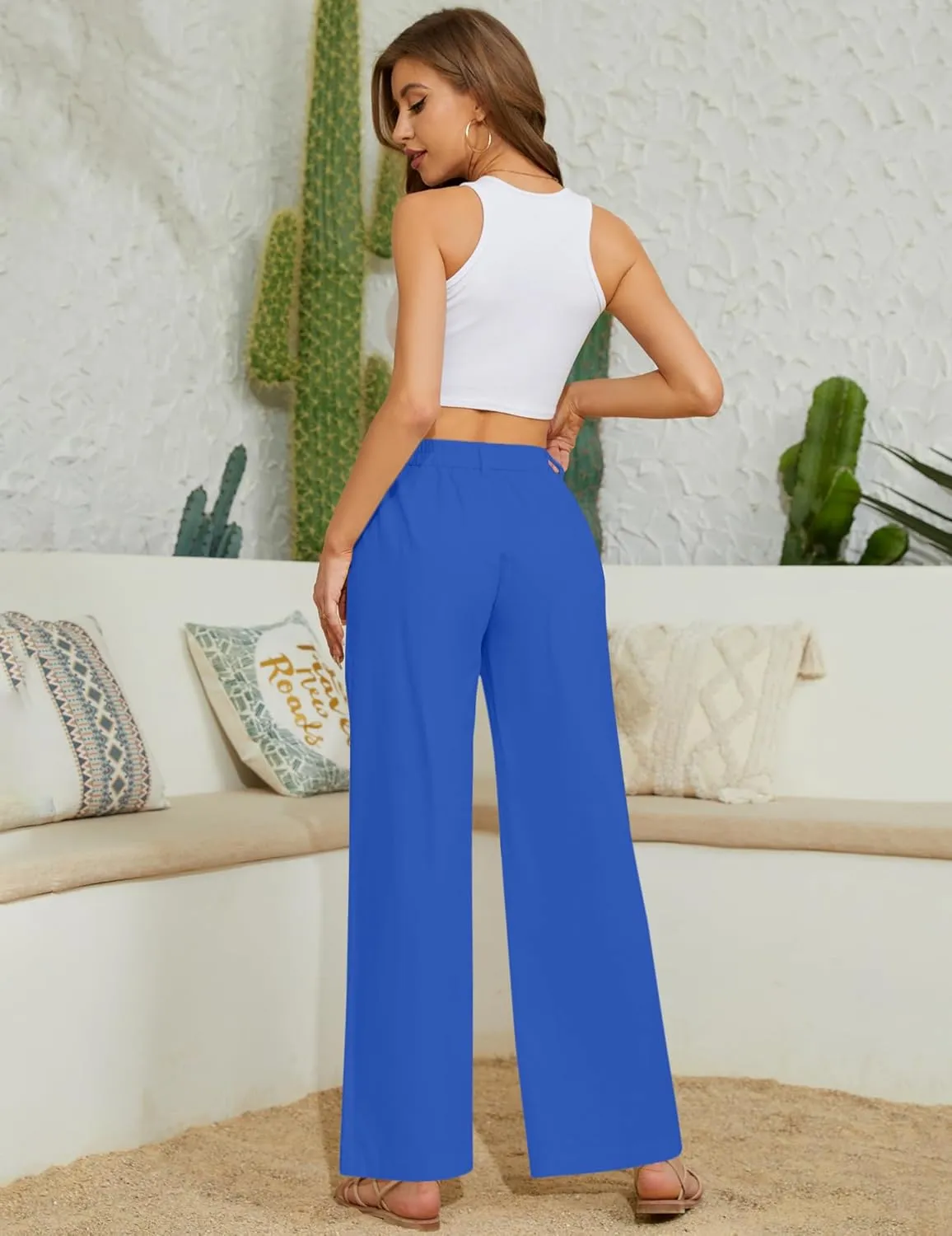 Women Casual Baggy Pants Wide Leg Elastic Waist Comfy Long Trendy Lounge Trousers with Pockets