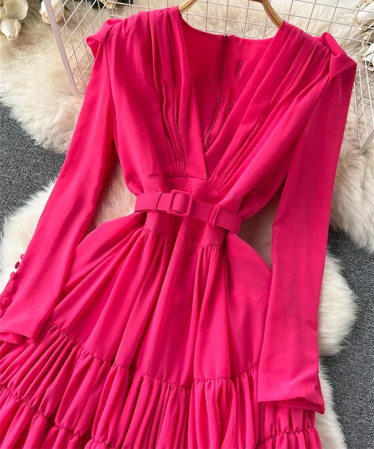 Women Casual Summer Solid Slim Lady Dress A Line V Neck Chiffon Pullover Mid-Calf High Waist Dresses