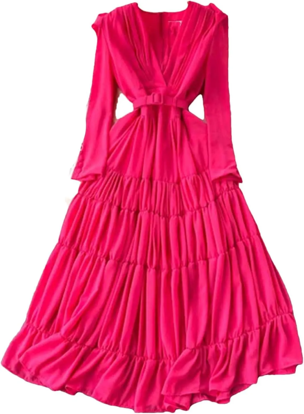 Women Casual Summer Solid Slim Lady Dress A Line V Neck Chiffon Pullover Mid-Calf High Waist Dresses