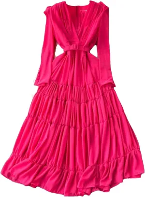 Women Casual Summer Solid Slim Lady Dress A Line V Neck Chiffon Pullover Mid-Calf High Waist Dresses