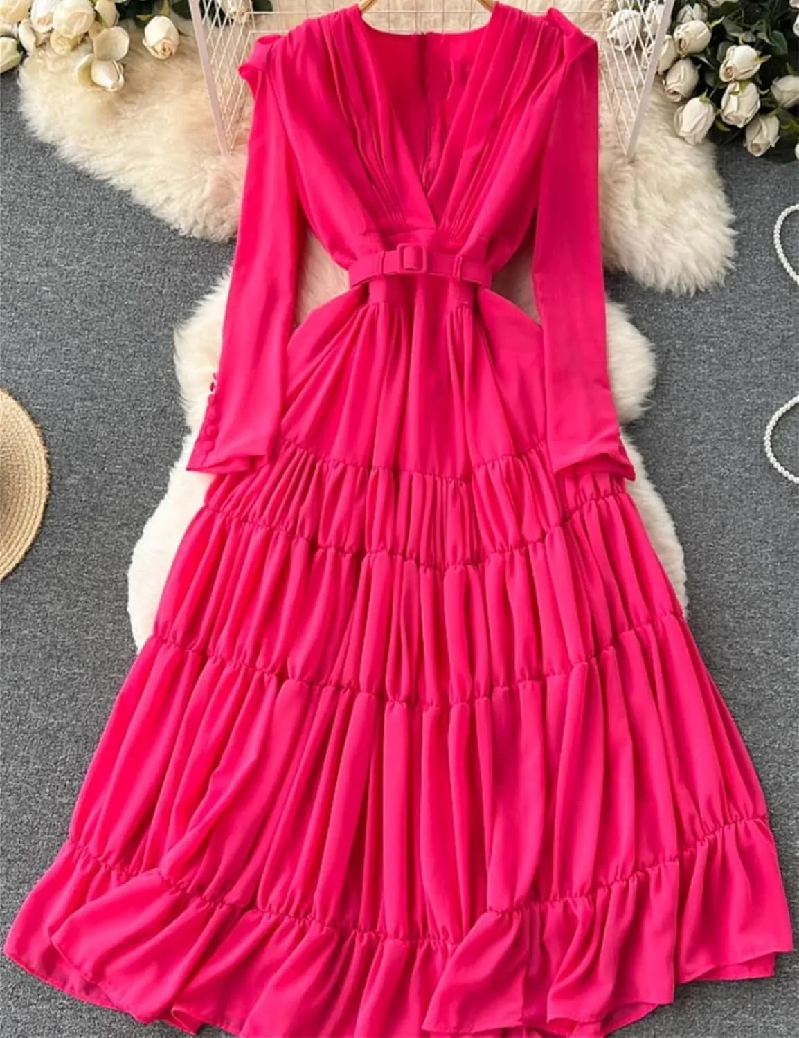 Women Casual Summer Solid Slim Lady Dress A Line V Neck Chiffon Pullover Mid-Calf High Waist Dresses